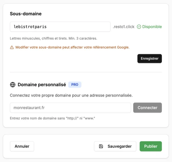 Configuration du domaine personnalisé dans le tableau de bord Resto1.Click