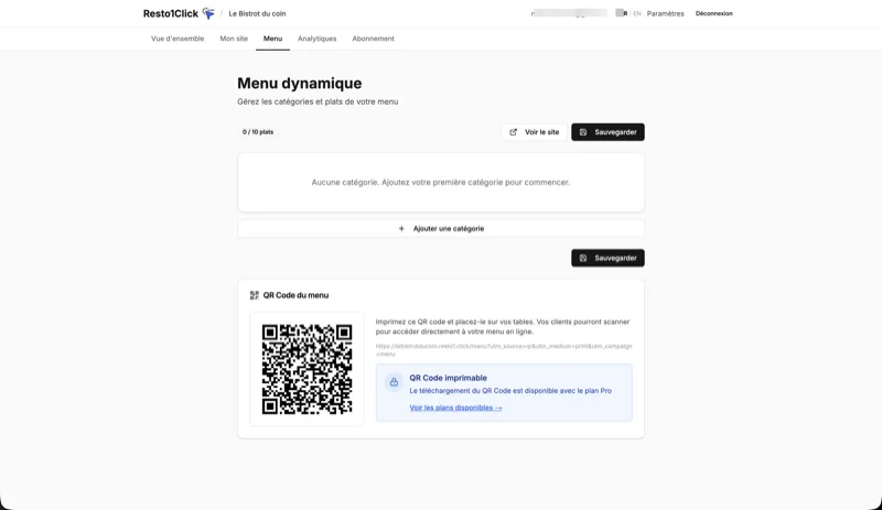 Éditeur de menu Resto1.Click — ajout de catégories et de plats