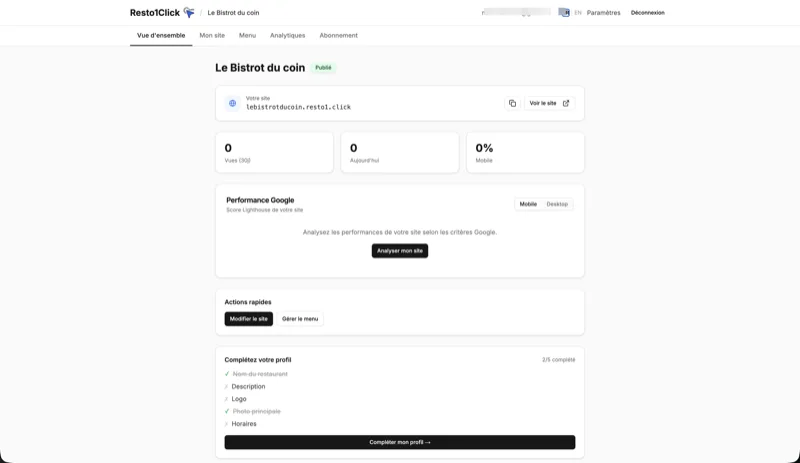 Tableau de bord Resto1.Click — modifier et personnaliser votre site