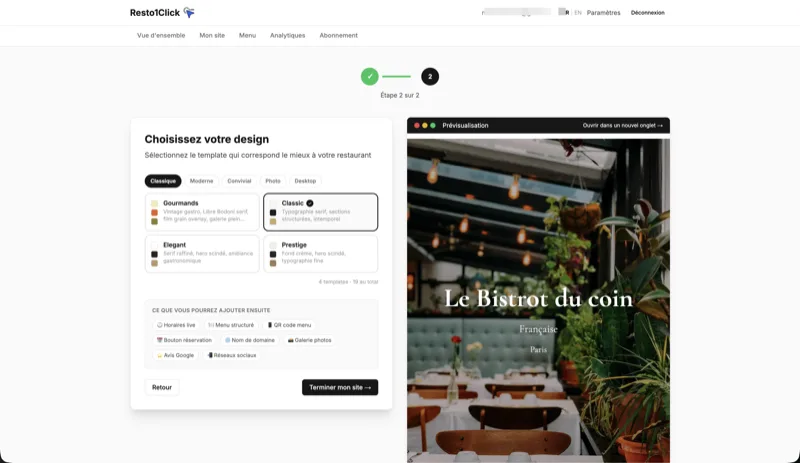 Choix du template lors de la création du site — Resto1.Click