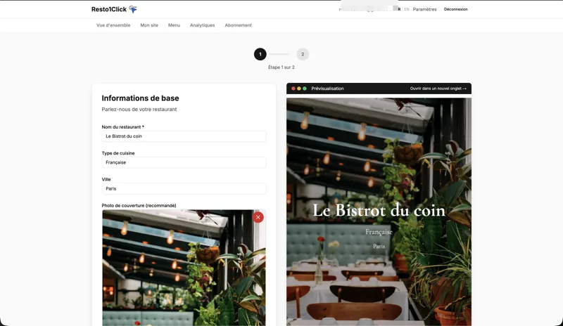 Formulaire de création Resto1.Click — nom, cuisine et photo de couverture
